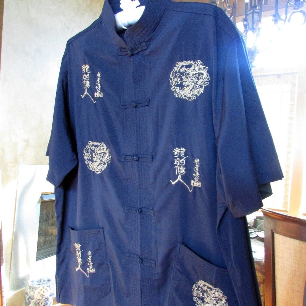 Navy Blue Asian Shirt. Frog Closures. Mandarin Collar